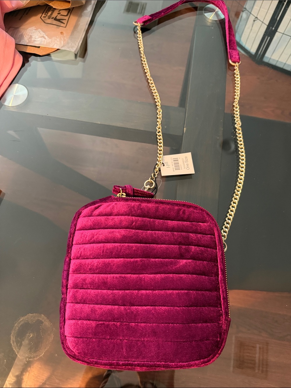J. Jill Velvet Quilted Crossbody in Deep Fuchsia with Gold Chain Strap